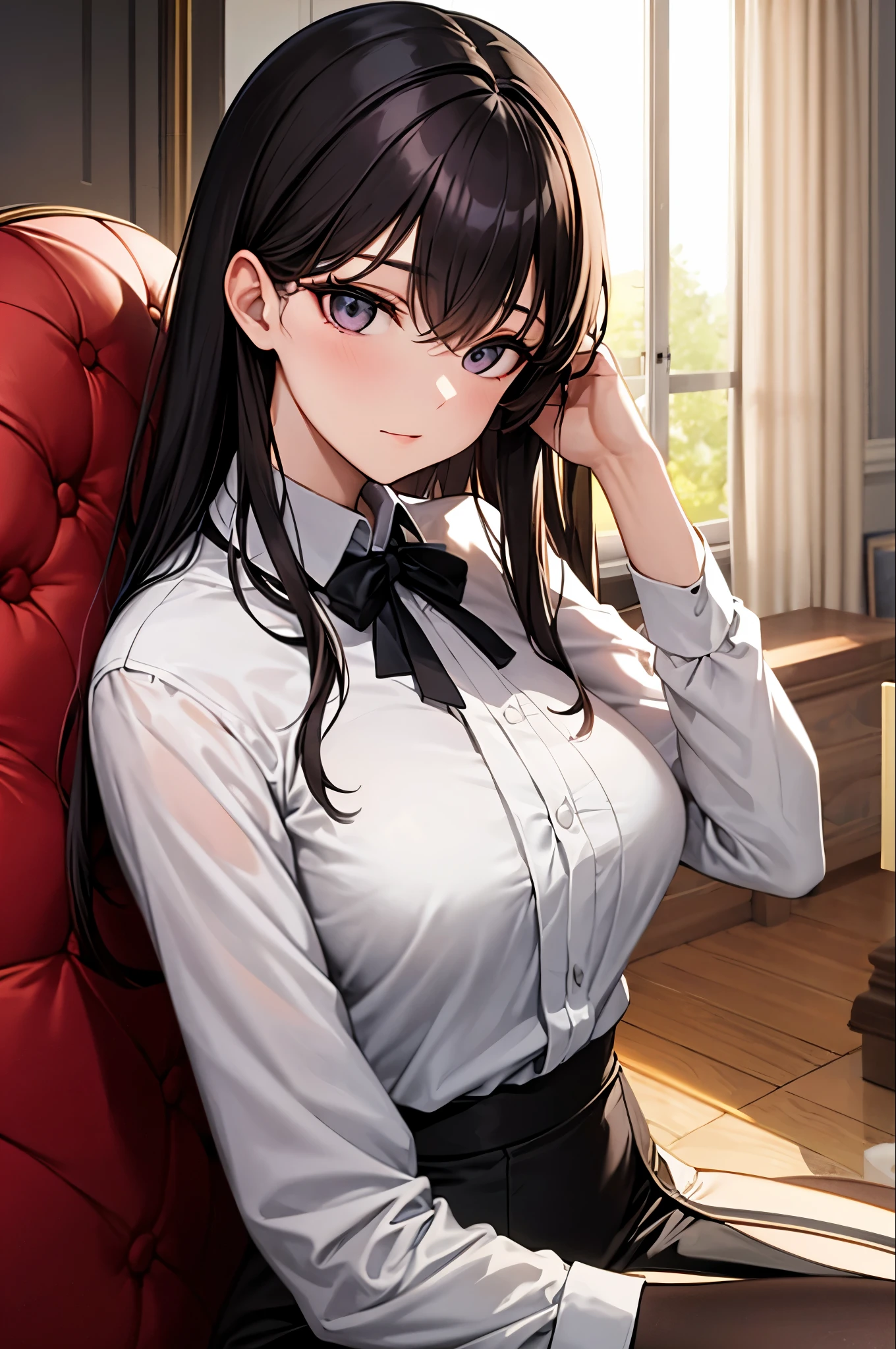 Close-up of a woman in a white blouse sitting on a chair, Gorgeous Young Korean Woman,