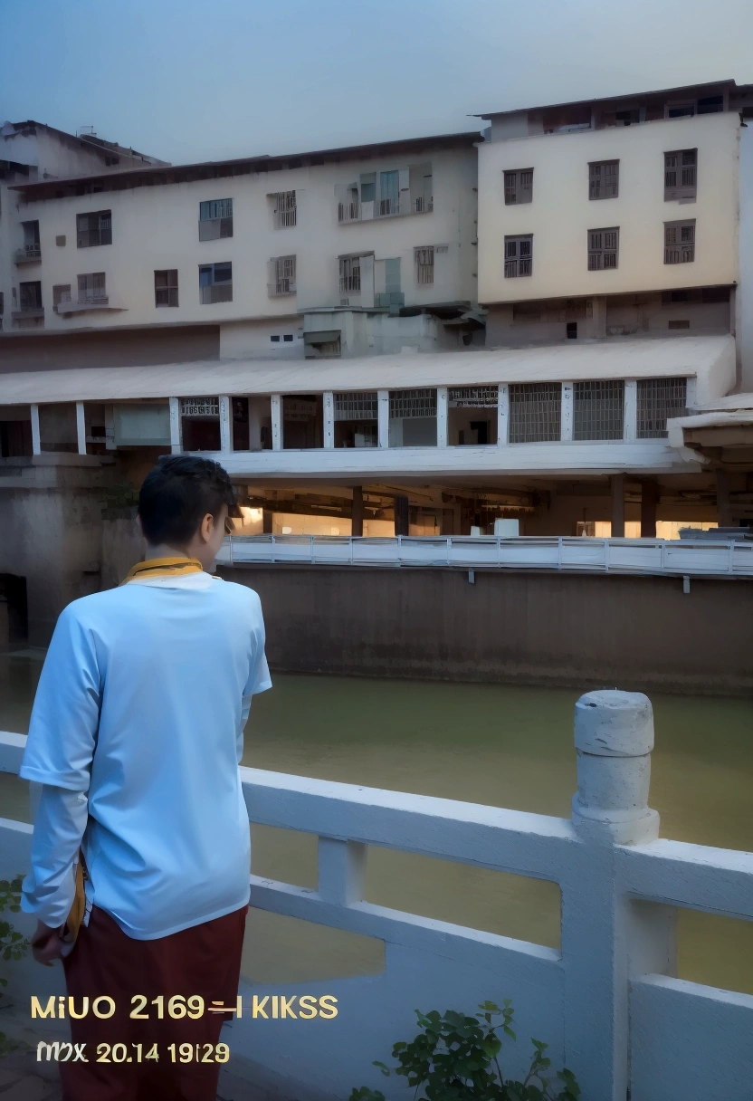 A man is standing on a bridge looking at a river, Wong Kar-wai style, looking at this city, Photography taken during the blue hour, Movie. Leng Jun, Kowloon Stills, Shot with Leica SL2, By the River, Inspired by Liam Wong, building along a river,The character is wearing Song Dynasty blue Hanfu,Holding an oil-paper umbrella
