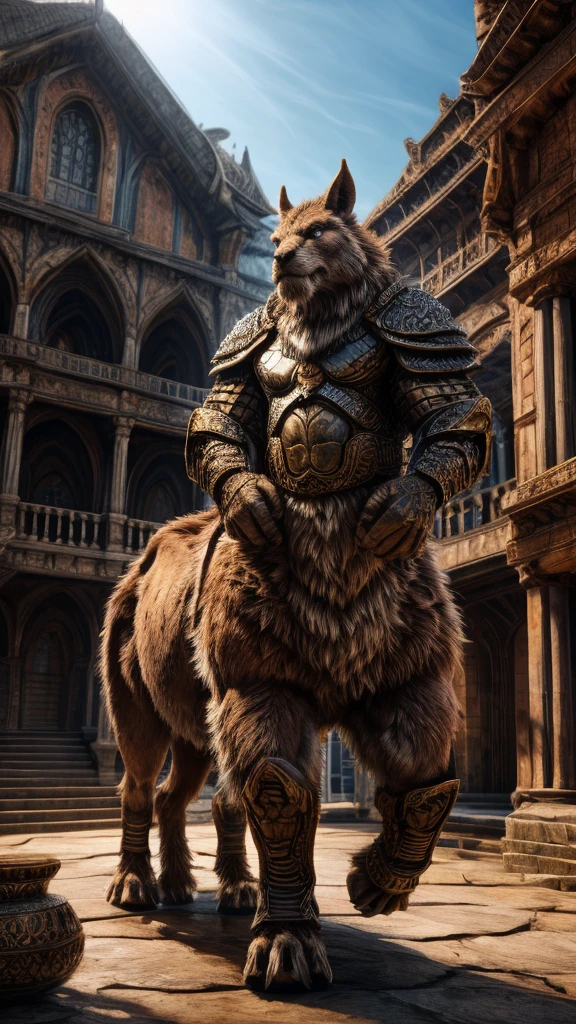 armored fur taur, armored fur, beartaur, quadruped, digitigrade, highly detailed, realistic, cinematic lighting, fantasy, (best quality,4k,8k,highres,masterpiece:1.2),ultra-detailed,(realistic,photorealistic,photo-realistic:1.37),intricate details, cinematic composition, dramatic atmosphere, volumetric lighting, detailed texture, muted tones, warm colors