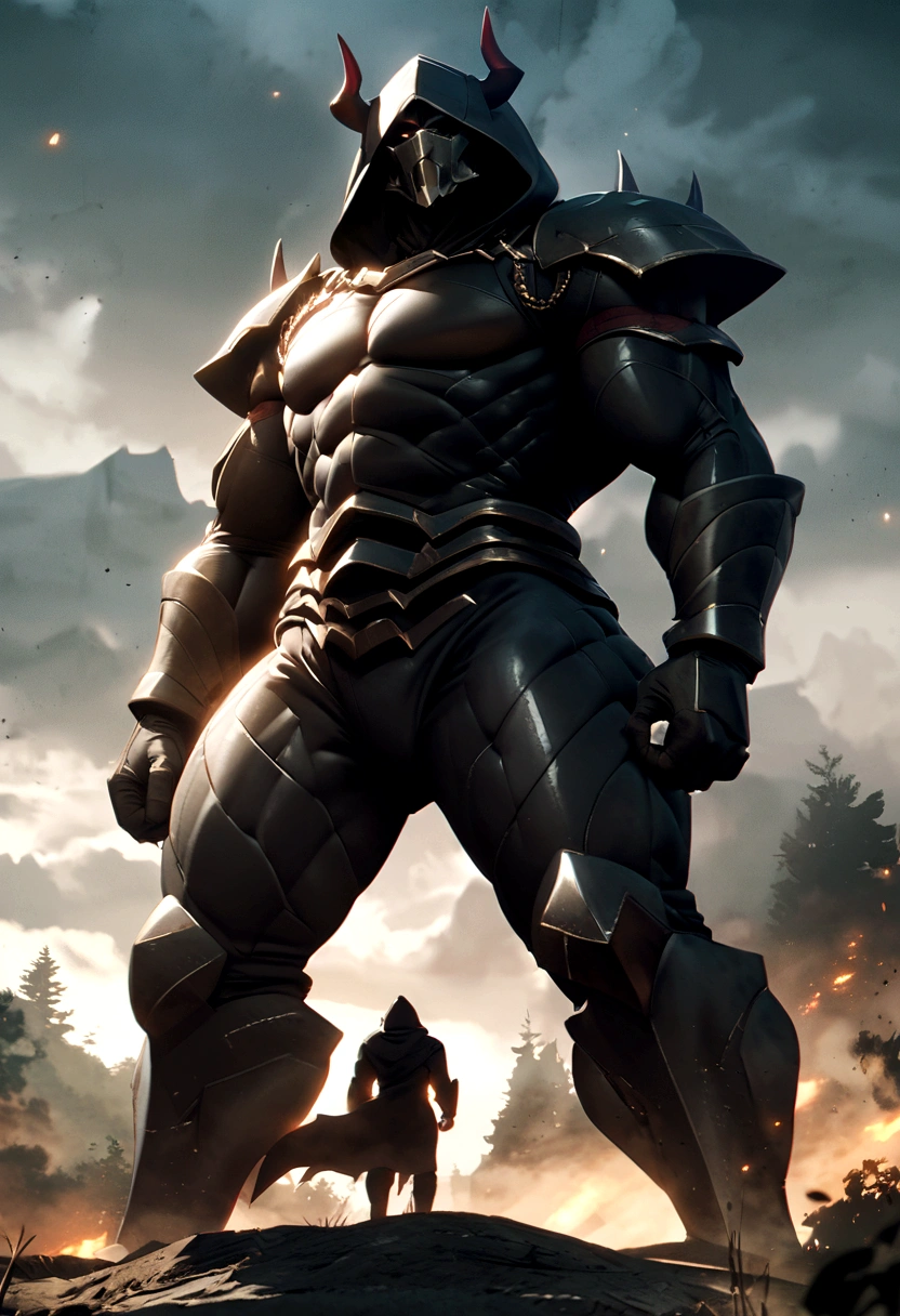 A tall strong human guy, foggy hood, dark armour, helmetless, full face, demon horns, big bottom canines tooths
