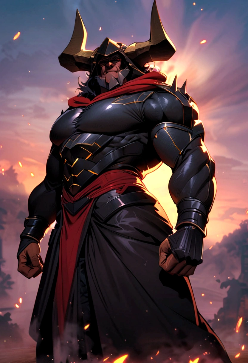 A tall strong human guy, foggy hood, dark armour, helmetless, full face, demon horns, big bottom canines tooths