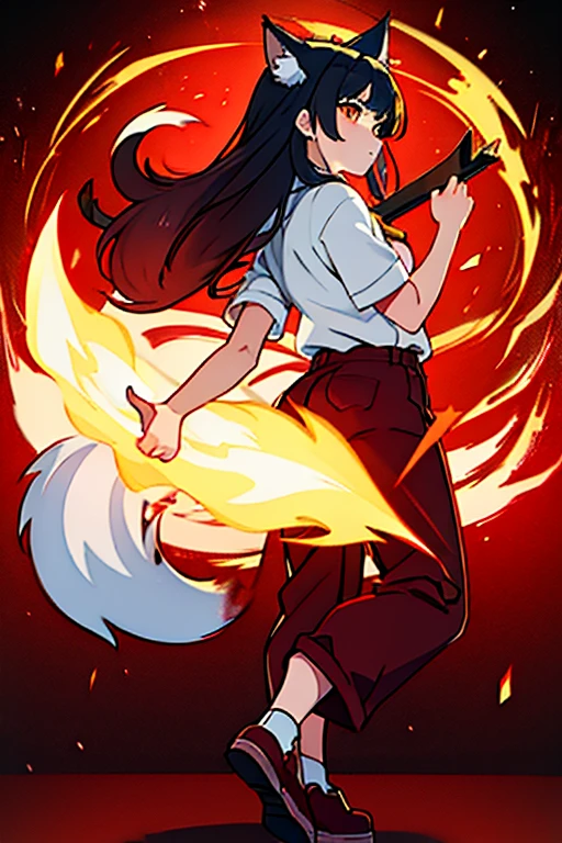 Anime like little Demi human girl she have cat like ear and wolf like tail in his back. Wearing a shirt and holding fire metallic Boomerang wearing baggy pant . Red shoes