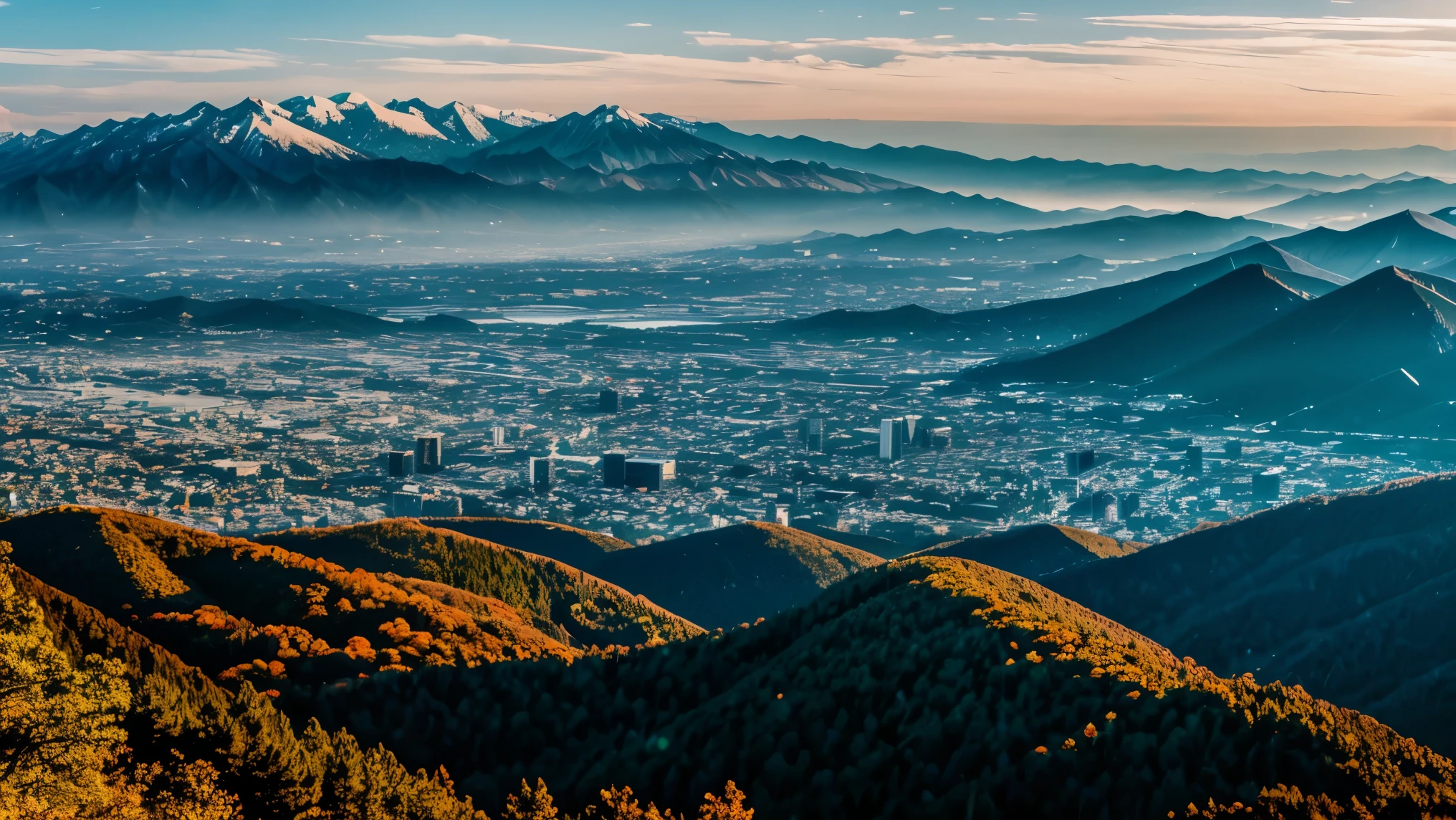 Landscape, Landscape viewed from mountain top, Japan, detail, realistic, ultra realistic, 8k uhd, DSLR, soft lighting, high quality, film grain, Fujifilm XT3, (Masterpiece) <la:add_detail:1