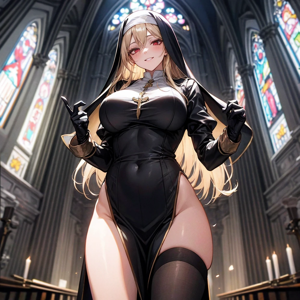 One girl, Blonde Hair, Red eyes, Big Breasts, Wide Hips, Nun costume, A shy smile, Mature Woman, Church Background, Textured skin, Ultra-high resolution, Ultra-high resolution, Ultra-high resolution, Ultra-high resolution, Awards, Attention to detail, Incredible high key lighting and shadows, masterpiece, Great illustrations,Knee-high socks、Long gloves,Knee-high socks、Long gloves