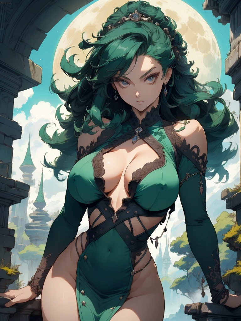 Splash art of 1girl, gothic anime character, beautiful, breasts, big breasts, stunning, cute, deep rich colors, epic, octane rendering, masterpiece, 8k, hd, 4k, highly detailed, sharp focus, Beautiful anime goddess with long green hair, wearing a short dress, breasts, anime key look, moon, large breasts, intricate, hips, highly detailed, wide hips, breathtaking beauty, vibrant and sharp focus, illustration
