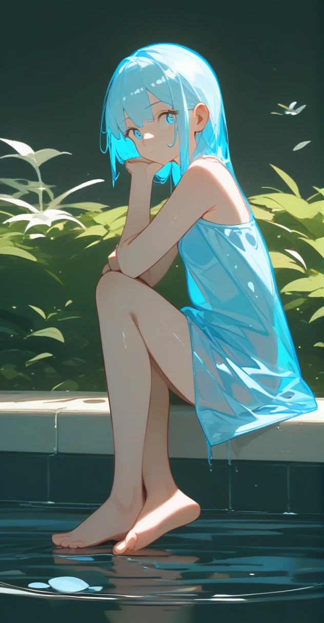 (slime girl:0.6),full_Body,((translucent_skin)),(((light blue transparent skin))),cross_leg,sit,side_Ahog,slope_skin,from_side,water park,, (masterpiece, best quality),(Fraction_9,Fraction_8_up,Fraction_7_up,Fraction_6_up,Fraction_5_Direction_4_up)