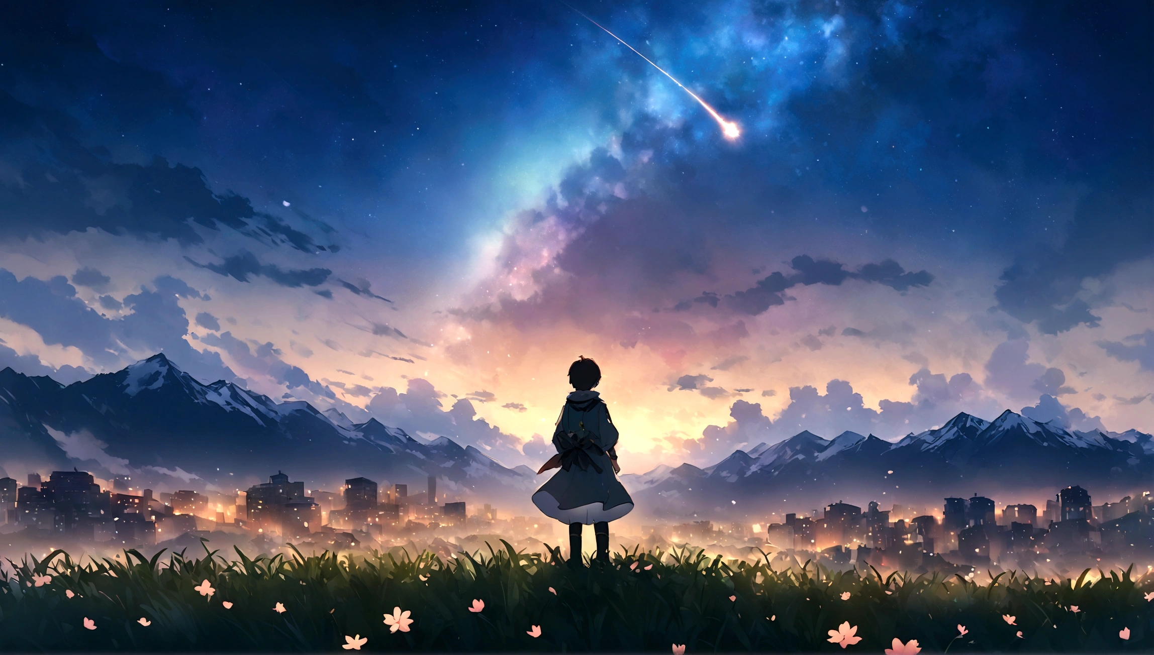City of night、The sky is wonderful、meteor、3 year old little boy sitting on top of a building、Brown Hair、Back view、The city is bright with streetlights、Landscape Main、highest quality、Anime Scenery、Xin Haichen、building、Field、Milky Way 110207, distant 3 year old little boy staring at
the performer,(Zoom out:1.1),(meteor:1.2)、(comet:1.1,yourname、Low Angle、From behind、Alola、shooting star、cherry blossoms、Standing in the Field、highest quality、masterpiece、cloud、colorful、Starry Sky、performer、