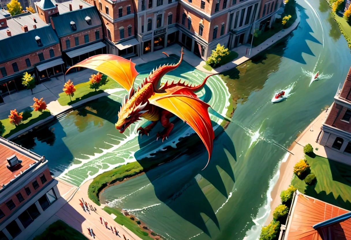 arafed, a picture of a dragon flying above a modern city, ((picture taken from above the dragon: 1.5), modern city is laid underneath, there is river beneath the dragon, its shadow is cast on the water dragon wings spread wide, dynamic color dragon, you see the back of the dragon, its majestic wings, its tail and the city and river it is flying above, , panoramic view (Masterpiece, intense details: 1.5) , Wide-Angle, Ultra-Wide Angle, dynamic light, Cinematic Hollywood Film style