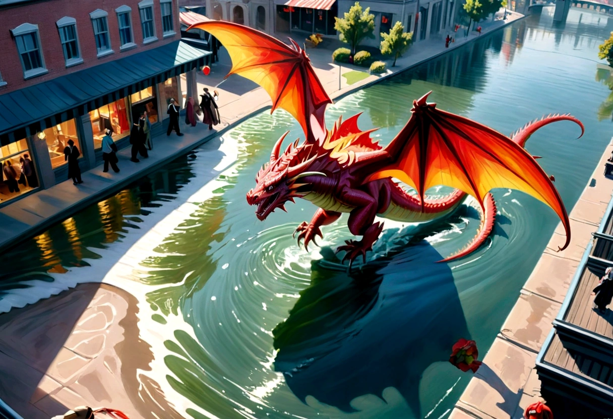 arafed, a picture of a dragon flying above a modern city, ((picture taken from above the dragon: 1.5), modern city is laid underneath, there is river beneath the dragon, its shadow is cast on the water dragon wings spread wide, dynamic color dragon, you see the back of the dragon, its majestic wings, its tail and the city and river it is flying above, , panoramic view (Masterpiece, intense details: 1.5) , Wide-Angle, Ultra-Wide Angle, dynamic light, Cinematic Hollywood Film style