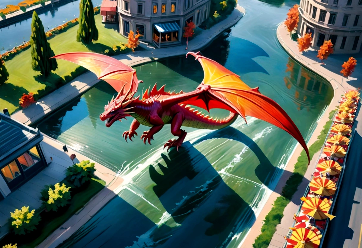 arafed, a picture of a dragon flying above a modern city, ((picture taken from above the dragon: 1.5), modern city is laid underneath, there is river beneath the dragon, its shadow is cast on the water dragon wings spread wide, dynamic color dragon, you see the back of the dragon, its majestic wings, its tail and the city and river it is flying above, , panoramic view (Masterpiece, intense details: 1.5) , Wide-Angle, Ultra-Wide Angle, dynamic light, Cinematic Hollywood Film style