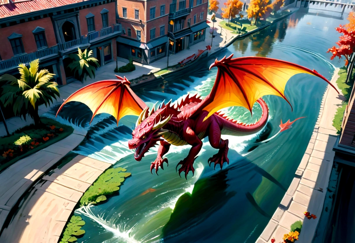 arafed, a picture of a dragon flying above a modern city, ((picture taken from above the dragon: 1.5), modern city is laid underneath, there is river beneath the dragon, its shadow is cast on the water dragon wings spread wide, dynamic color dragon, you see the back of the dragon, its majestic wings, its tail and the city and river it is flying above, , panoramic view (Masterpiece, intense details: 1.5) , Wide-Angle, Ultra-Wide Angle, dynamic light, Cinematic Hollywood Film style