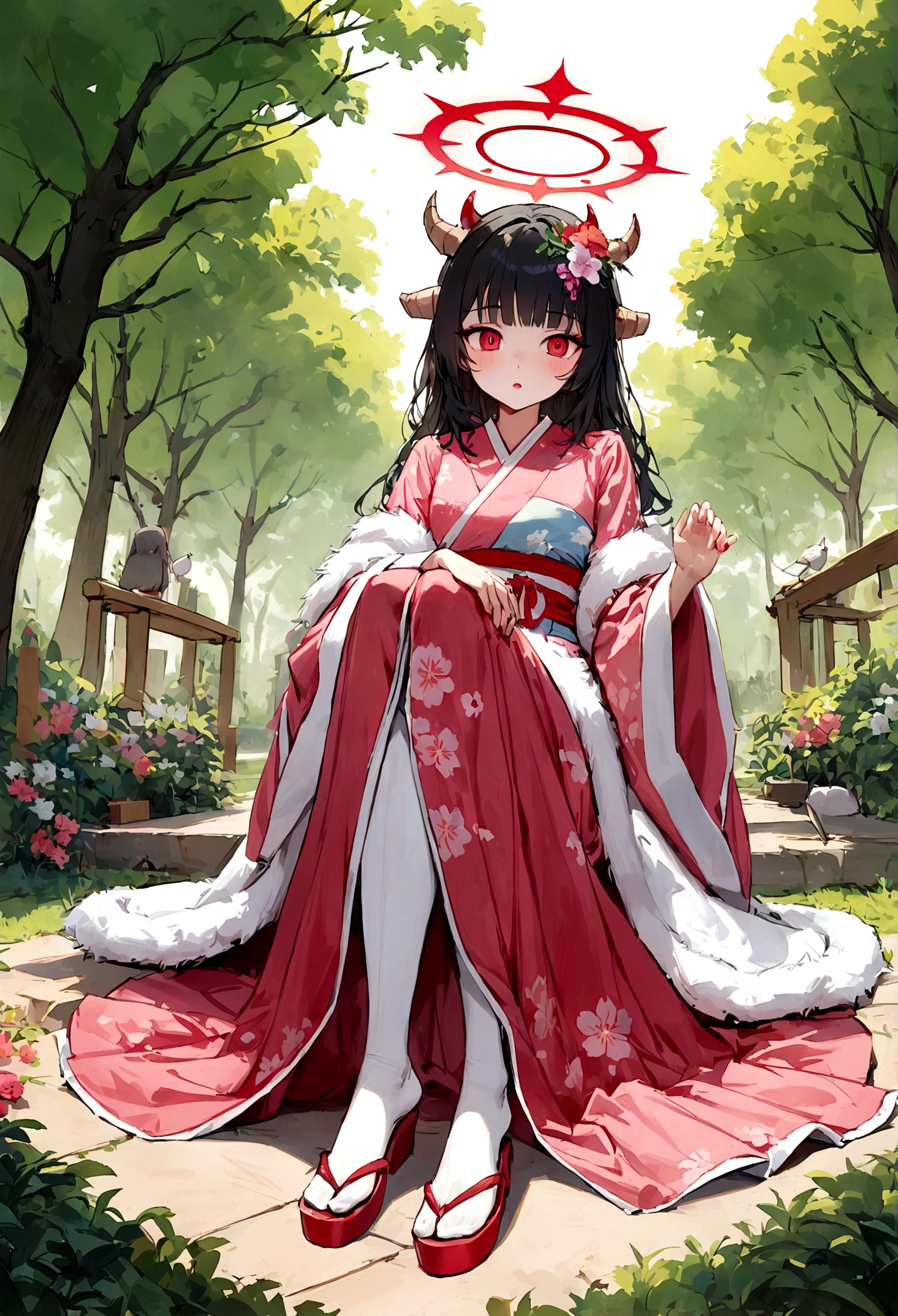 perfecthand,goodhand,goodanatomy,halo, stand, park,outdoor,tree, ,solo, close up,(halo),dynamic pose,sit on floor, full body, feet lift, feet, step on viewer,feet towards viewer,shaded face ,((white pantyhouse)),Aikiyo Fuuka (Blue Archive),halo,red halo, detailed complex halo, red eye, black hair, demon horn,flower on hair, fur-clothes,overhead sign, japaness dress, japaness clothes, long dress, pink cloth with flower patterm,white socks,wooden flipers,decorated,more_details:-1, more_details:0, more_details:0.5, more_details:1, more_details:1.5,
