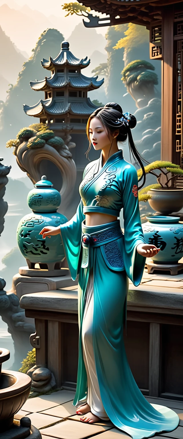 (wallpaper),32k,((Extremely exquisite and beautiful)),(((masterpiece))),(((best quality))),(Ultra-high resolution)，High Quality Fantasy Artifact Concept Art, Tai Chi background, Ceramic Chinese Girl, Carved high-end porcelain, complicated, glass landscape background，Gorgeous,
