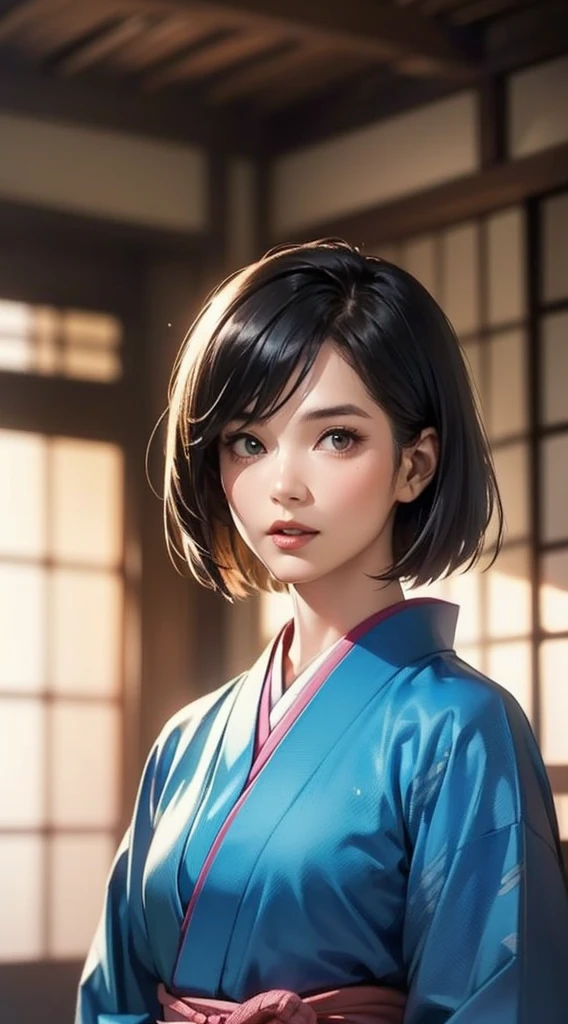 (Realistic)、(Realistic:1.2)、(High resolution)、Very detailed、Very beautiful face and eyes、1 girl、Delicate body、(highest quality、Attention to detail、Rich skin detail)、(highest quality、8k、Oil paint:1.2)、Very detailed、(Realistic、Realistic:1.37)、Bright colors、Full Body Shot,black_hair, Beautiful 8k eyes,Looking_in_Audience,One person in,Are standing,((Very beautiful woman, Fuller lips, Japanese pintern kimono))、((Colorful Japanese kimono)))、(((blackhair)))、(((Blunt bung，short hair)))、((( Inside an old Japanese house with a (short focus :1.4),)))、(masterpiece, highest quality, highest quality, Official Art, beautifully、aesthetic:1.2),(Fractal Art:1.3),Sengoku period、Greg Rutkowski Written by Alphonse Mucha Ropp,short ,uchikake,nishijin ori,(realistic light and shadow), (real and delicate background),(muted colors, dim colors, soothing tones:1.3), low saturation, (hyperdetailed:1.2), (noir:0.4),drow,blurry_light_background, (vibrant color:1.2), cinematic lighting, ambient lighting,Single Shot,Shallow Focus,pink lip,blurry light background,