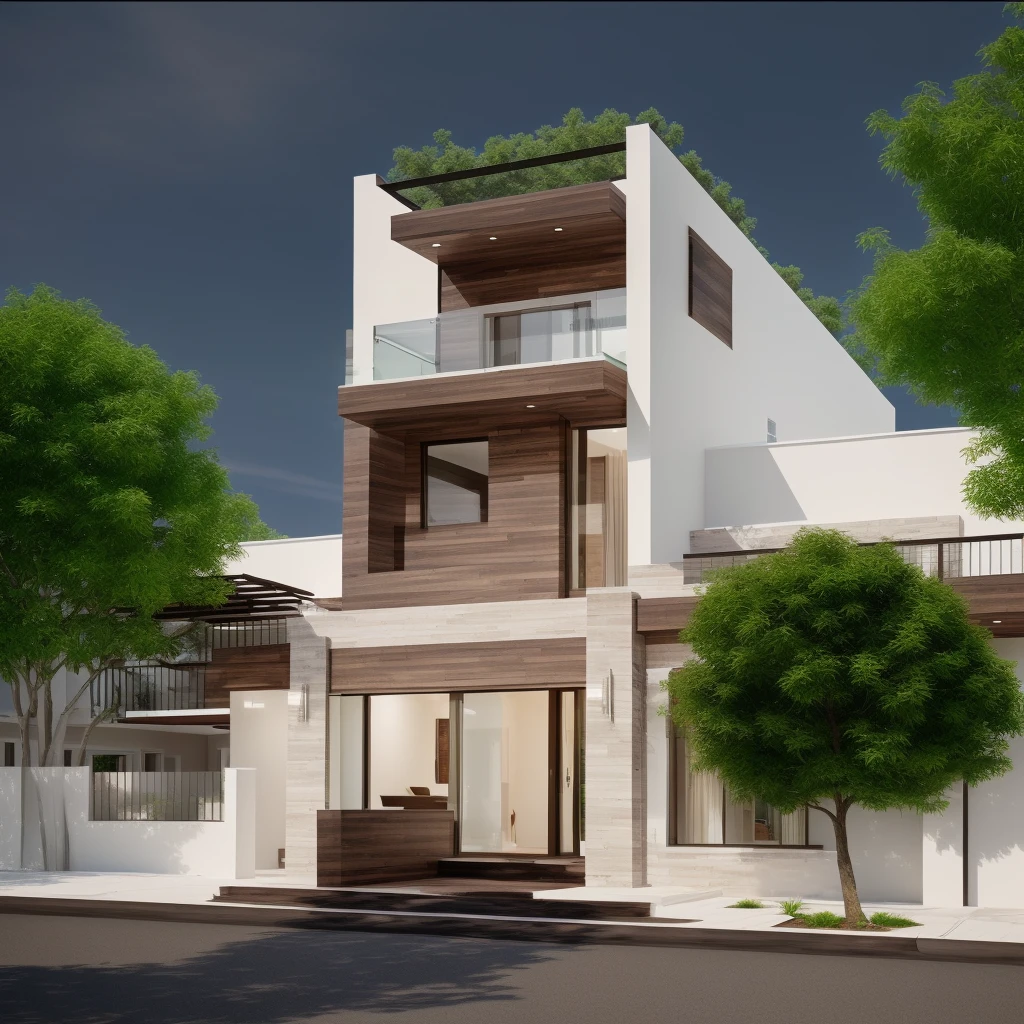 house exterior, modern style, wooden ceiling, white wall, wooden wall, wooden door, glass door, (actual: 1.2), Masterpiece, high-end, best quality, authentic, weatherproof super price , outdoor, road, sidewalk, grass, trees, sky, cloud, (daylight:1.1)