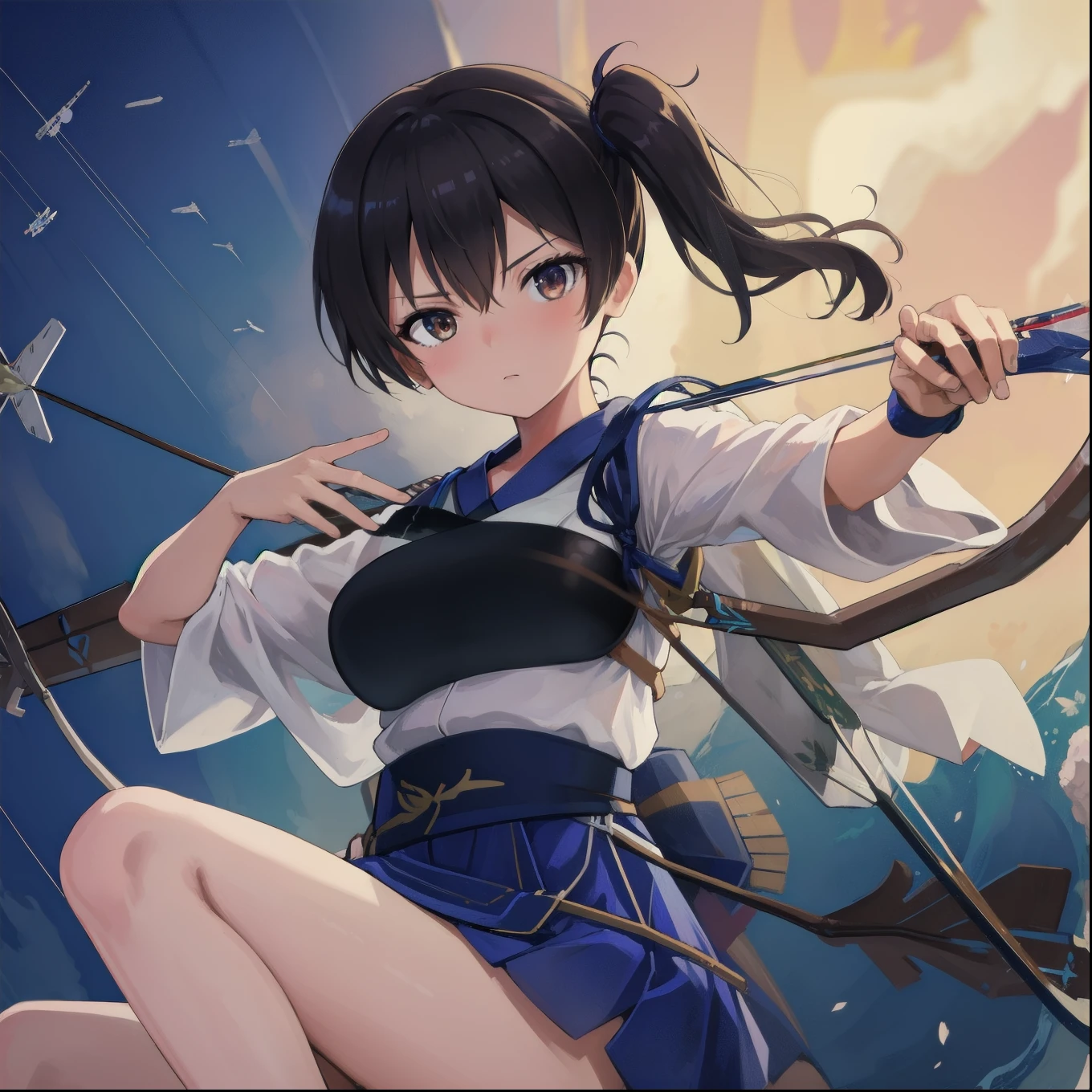 Kaga(Fleet Collection),highest quality, masterpiece, High resolution,kimono,blue skirt,side ponytail,big_breasts,solo,Japanese_bow&arrow,dynamic_posing,half_eyes,solo