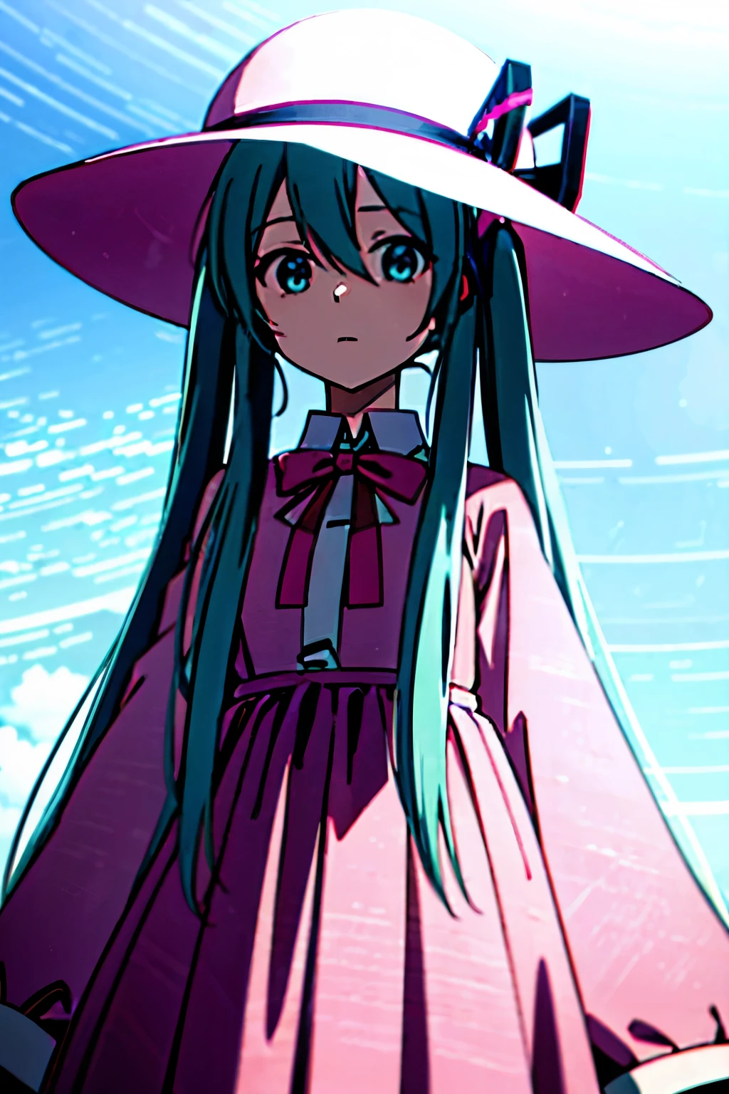 Hatsune miku with pink dress and pink ribbon hat