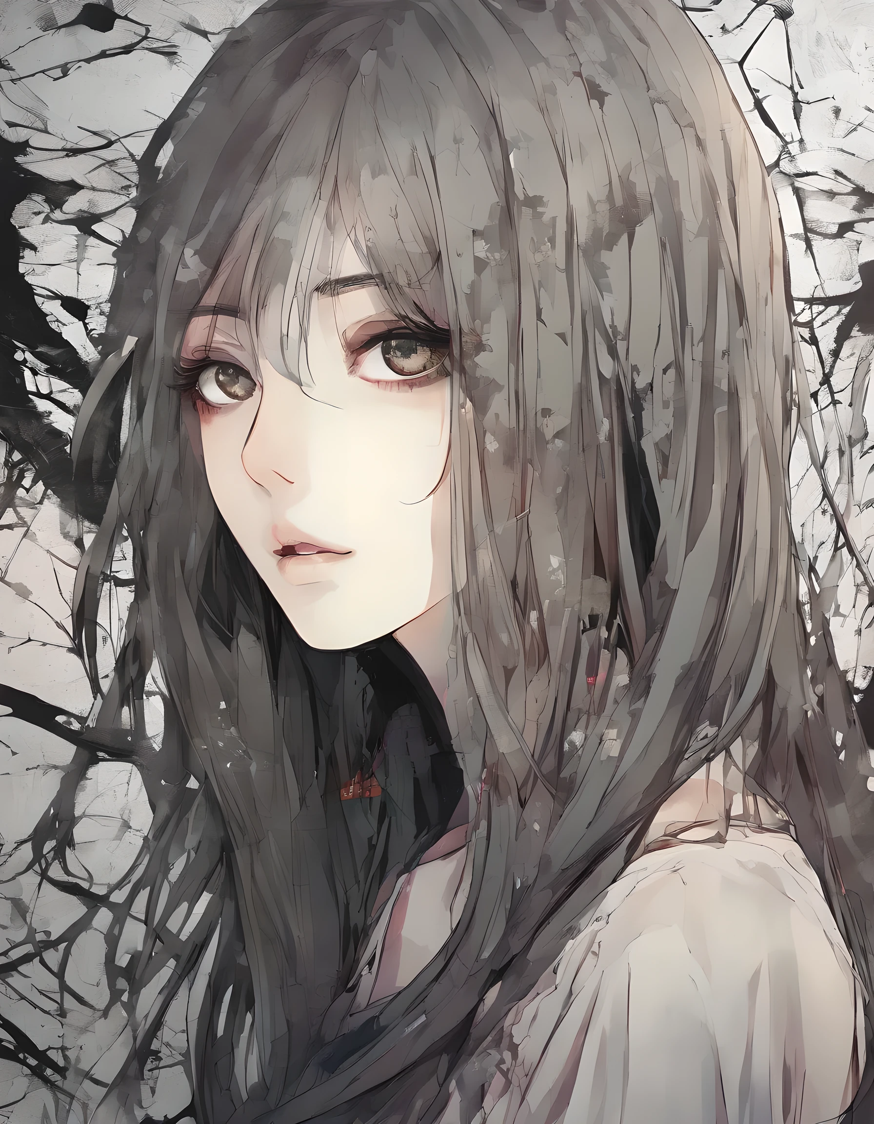 Realistic face extreme close up detailed eerie looking lady with elongated untamed black hair , having a detailed y eyes with scary expression holding her face with her wornout dirty hand having dripping blooda worn out tattered dress in the a twisted bad eerie background of a abandoned wooden room with eerie detailed surroundings