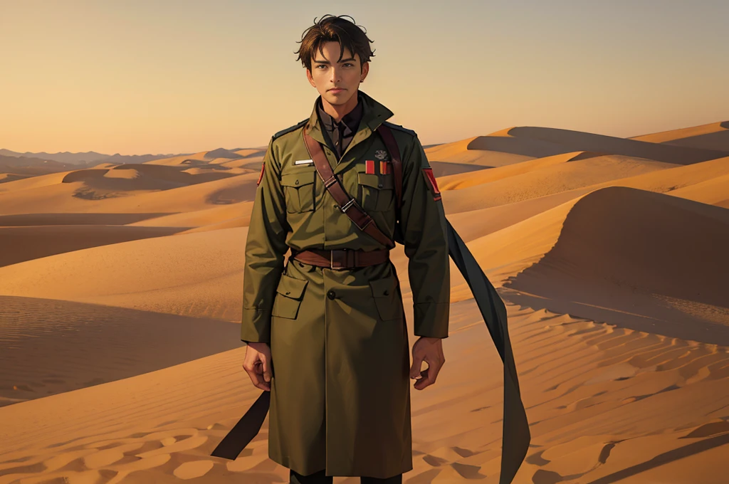 Portrait of a man in his 40s、standing、 soldier、Long body、 、desert background、