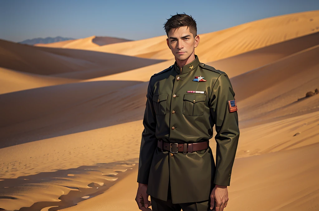 Portrait of a man in his 40s、standing、 soldier、Long body、 、desert background、