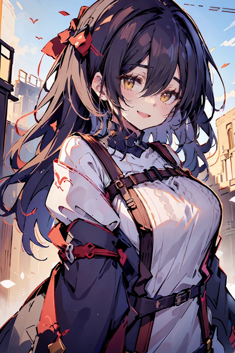 (masterpiece:1.2), (high quality:1.2), (hui xiyi:0.7), rekkyo sensen, rekkyou sensen, girls with((black hair, tits cleavage, waving is hands, breasts close up, (suspenders:1.2), (dress:0.65), (blue clothes:1.2), (belts:0.7), frills shirt, (white knit sweater:1.2), camisole, exposed breasts, straps, ribbon, upper body, (long wavy hair:1.2), (one side up:1.2), nun, long sleeves, perfect hands, perfect fingers)), background with((fantasy world, ruin, castle, beautiful sky, shining sky, sunshine))
