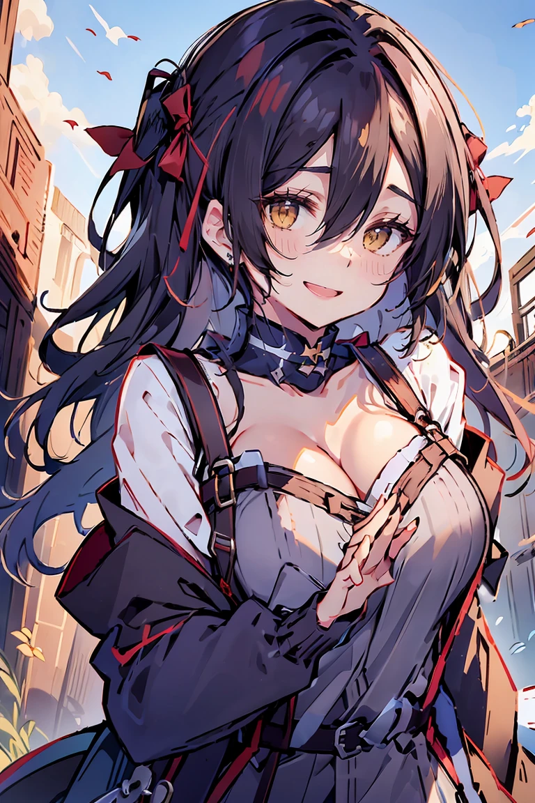 (masterpiece:1.2), (high quality:1.2), (hui xiyi:0.7), rekkyo sensen, rekkyou sensen, girls with((black hair, tits cleavage, waving is hands, breasts close up, (suspenders:1.2), (dress:0.65), (blue clothes:1.2), (belts:0.7), frills shirt, (white knit sweater:1.2), camisole, exposed breasts, straps, ribbon, upper body, (long wavy hair:1.2), (one side up:1.2), nun, long sleeves, perfect hands, perfect fingers)), background with((fantasy world, ruin, castle, beautiful sky, shining sky, sunshine))