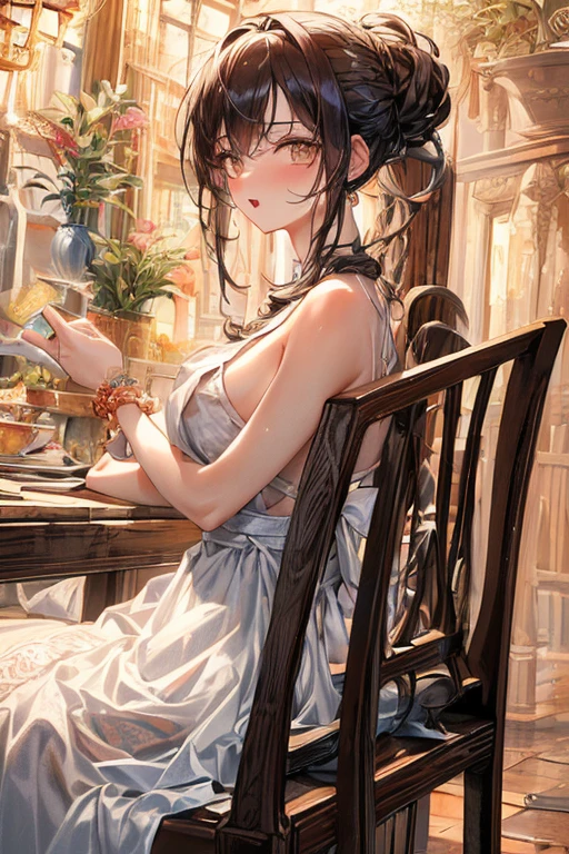 (from below:1.2),(from side:0.9), ((Face)), (Close-Up:0.4), (A masterpiece of image quality in 8K),(Beautiful Allafed Woman),(((emphasizing breasts:1.3))),(Dynamic angles),(Dynamic and sexy bending pose:1.3),(sit a chair:1.3),(Short hair in shiny silver and orange inner colors,large full breasts,Disturbance of clothing due to movement,breast slip,(Ponytail twisted buns adorned with elaborate braids and beads,Braided Setup Fishbone Hair:1.2),(see-through bangs),medium breasts,(((A brown lace apron that shows your bare skin from under your small breasts.......)))、Blush with embarrassment、Enraptured eyes、 open mouth,A smile that beguiles the viewer、(Look back:1.7)、Look into the photographer,skin glistening with sweat,gazing at viewer,,(Professional Lighting),(masutepiece,top-quality,Ultra-high resolution output image,),(Ultra HD with complex detail image modes),depth of fields,Beautiful hands,Beautiful fingers,Detailed finger features,(Detailed hair features:1.7),detailed facial features,detailed clothes features,