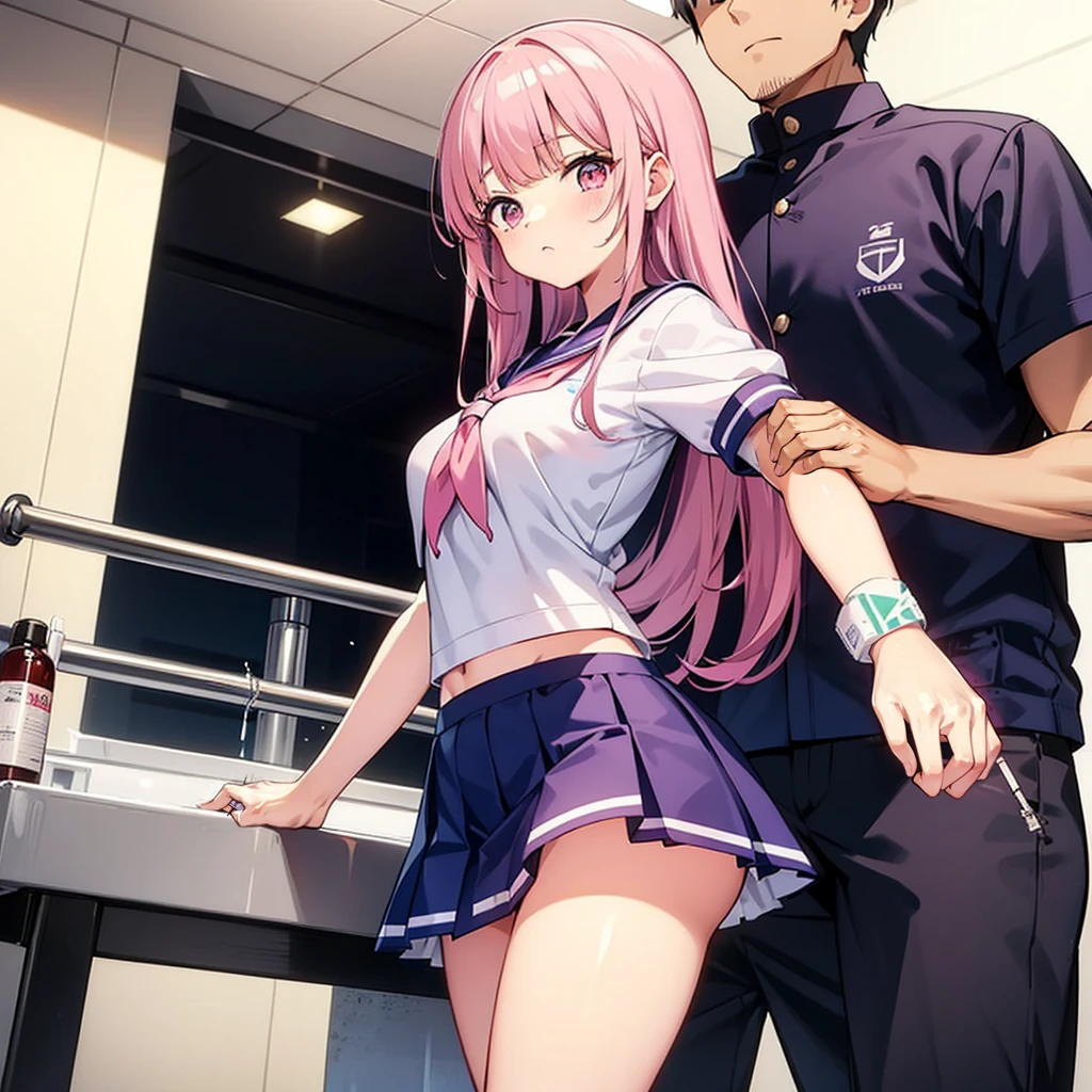 A pink-haired high school girl in a sailor uniform receives a vaccination、A man grabs your arm、Take the syringe and stick it into your upper arm.。.