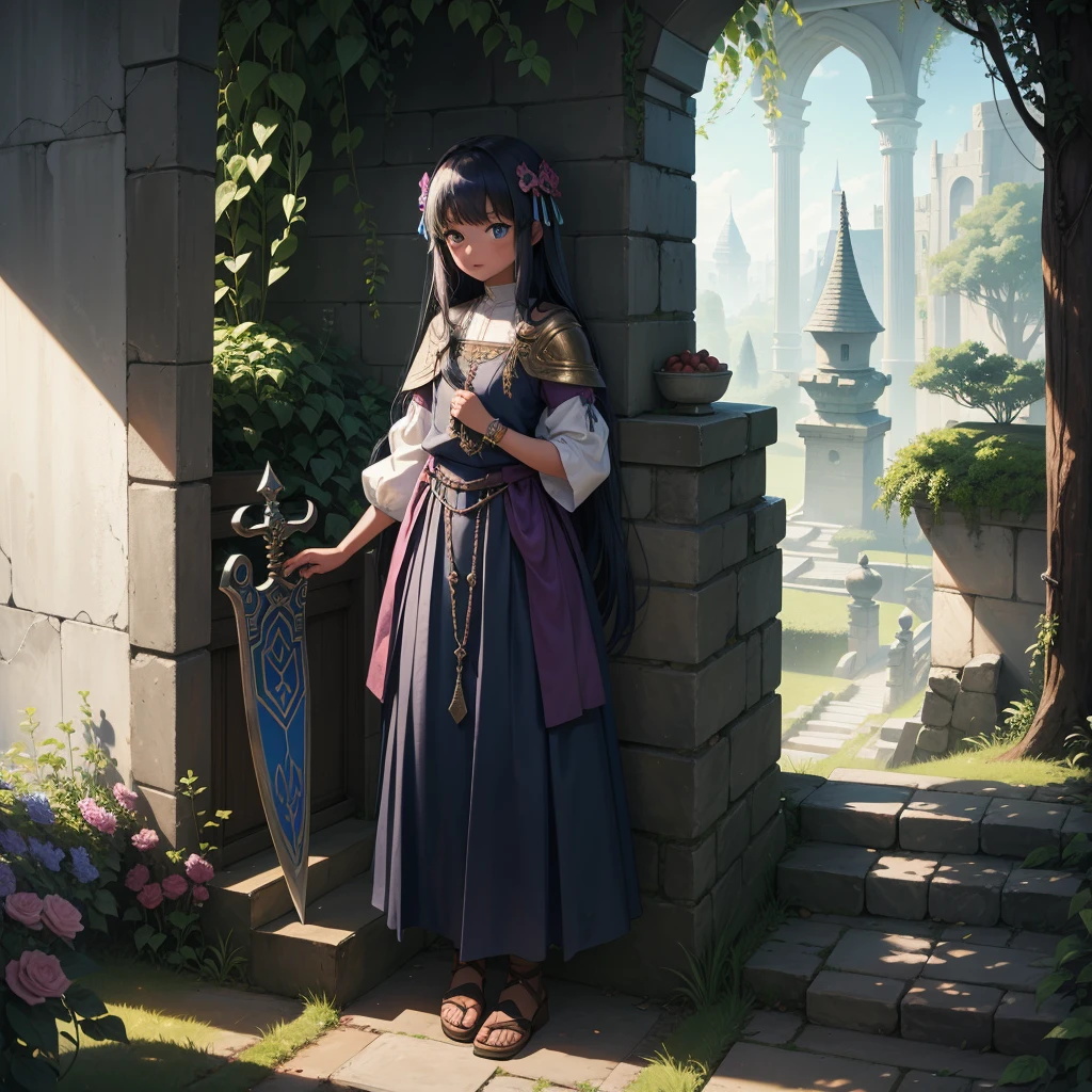 最high quality、high quality、Frugal cloth clothes、10Year-old girl adventurer、Climb the labyrinth stairs、Long skirt、Equipped with a dagger and a shield、Inside the dim labyrinth