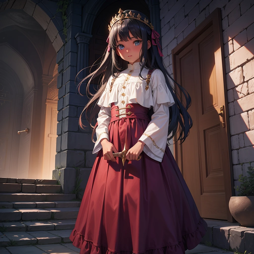 最high quality、high quality、Frugal cloth clothes、10Year-old girl adventurer、Climb the labyrinth stairs、Long skirt、Equipped with a dagger and a shield、Inside the dim labyrinth