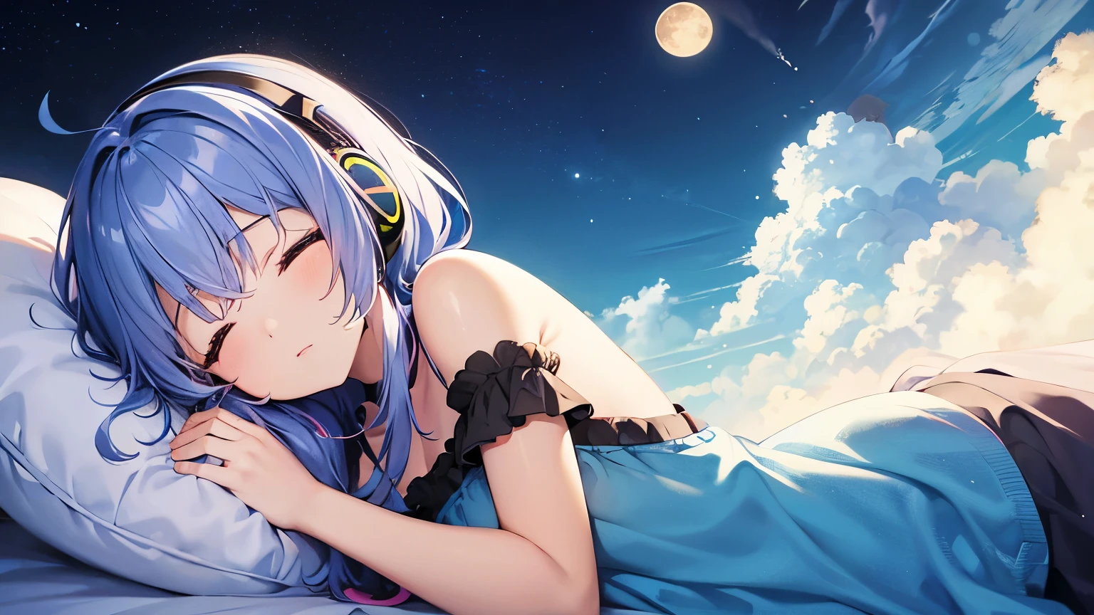 colorful、Above the Clouds、Cosmos、Big Moon、Realistic、The girl is sleeping、She wears subtle headphones that blend into her hair., Only one stuffed toy、超A high resolution
