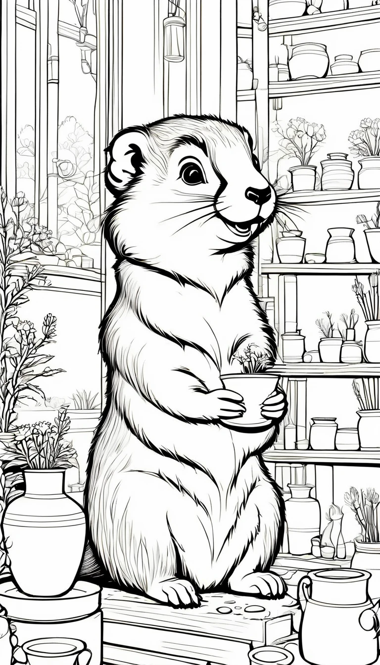 linear black and white drawing of a cute potter marmot creates a vase out of clay in her pottery shop. Wide view, simple lines, thin and defined outlines, no shading, no colors, perfect to be colored, cartoon style, clean lines, suitable for ren.