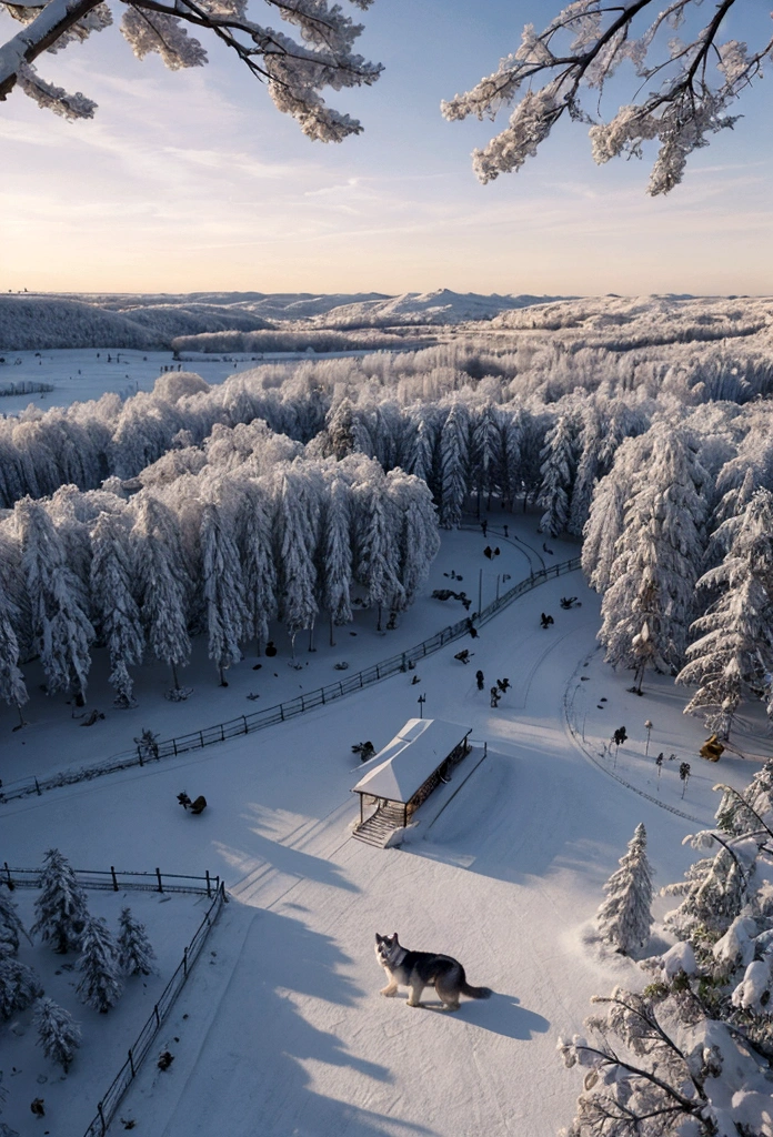 Husky, illustration, in the park, soft, bright, calm, birds-eye view