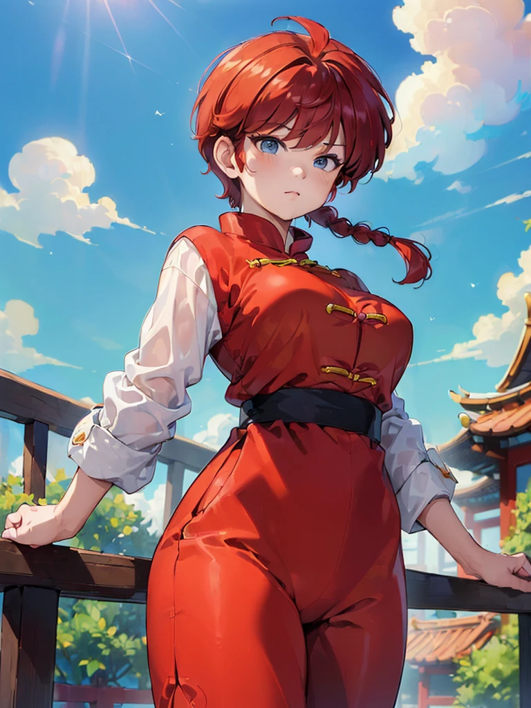 ((masterpiece:1.4)), expensive quality, very_expensive_solve, big_file size, Full Color, Thick outline, Clear contours, colorful, (Beautiful fine details), ((Beautiful Face:1.0)), ((Boyish face:1.4)), 1 girl, (Ranma), (Redhead), short hair, (Braided Ponytail), ((bangs)), bumpy bangs, Blue-gray eyes, Big Breasts, Curvy, Ranma, Braided Ponytail, (Red Chinese Clothing), No sleeve, Tangzhuang, Black trousers, Are standing, ((Cowboy Shot:1.4)), ((from the front:1.4)),