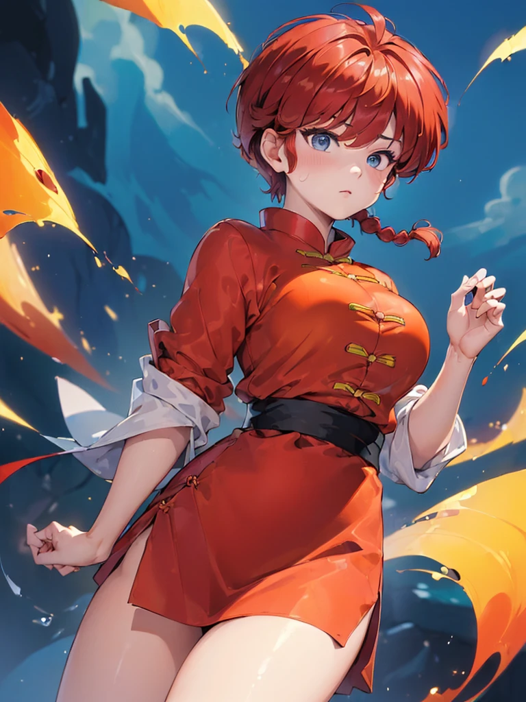 ((masterpiece:1.4)), expensive quality, very_expensive_solve, big_file size, Full Color, Thick outline, Clear contours, colorful, (Beautiful fine details), ((Beautiful Face:1.0)), ((Boyish face:1.4)), 1 girl, (Ranma), (Redhead), short hair, (Braided Ponytail), ((bangs)), bumpy bangs, Blue-gray eyes, Big Breasts, Curvy, Ranma, Braided Ponytail, (Red Chinese Clothing), No sleeve, Tangzhuang, Black trousers, Are standing, ((Cowboy Shot:1.4)), ((from the front:1.4)),