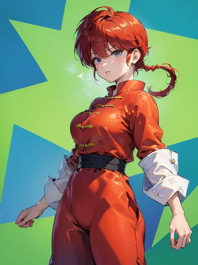 ((masterpiece:1.4)), expensive quality, very_expensive_solve, big_file size, Full Color, Thick outline, Clear contours, colorful, (Beautiful fine details), ((Beautiful Face:1.0)), ((Boyish face:1.4)), 1 girl, (Ranma), (Redhead), short hair, (Braided Ponytail), ((bangs)), bumpy bangs, Blue-gray eyes, Big Breasts, Curvy, Ranma, Braided Ponytail, (Red Chinese Clothing), No sleeve, Tangzhuang, Black trousers, Are standing, ((Cowboy Shot:1.4)), ((from the front:1.4)),
