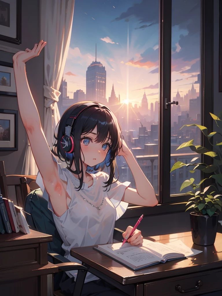 female university student wearing white headphones, looking out a window at a city, black hair, 22 years old, stare at the window, revealing skin, midsummer loungewear, armpit,  lo-fi art style, aesthetic, night core, lo-fi feel, lo-fi art,  lo-fi vibes, studying, plants in the room, has only a pen in one hand, writing in a notebook, window behind desk, city view, sunrise, white headphone,  cinematic lighting, Sony FE GM, masterpiece, best quality, 4K, (masterpiece), (best quality), ultra-high res, sharp focus, ((1 woman, solo)), beautiful detailed hair, beautiful detailed face, ((beautiful shape eyes)), perfect feminine face --style raw