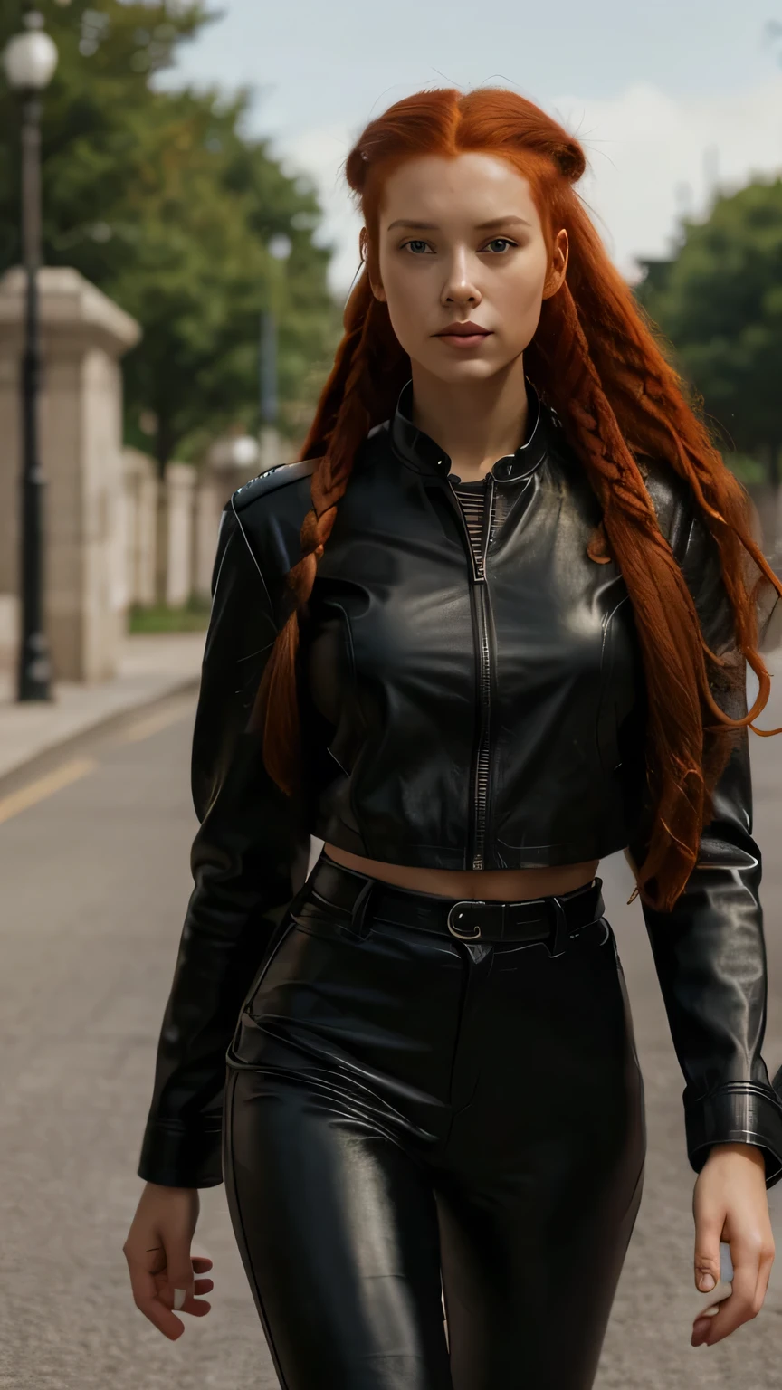8K, (Best quality), masterpiece, very detailed, (realistic), Young woman, ((long very curly red hair)), she looks at the black sun and the long road to it, she is wearing black leather pants and a black leather jacket, she is determined and brave, hair tied in two braids