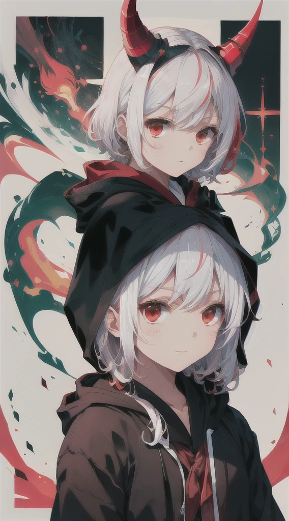 Highest quality, movie quality, the battle between the devil and the god of death, the devil (girl, 10 years old, red hair, wearing a tsuntsun head and horn, red aura), Shinigami (boy, 9 years old, white hair, straight hair, hooded robe, black sickle), the background is Tsukiyo and Venice