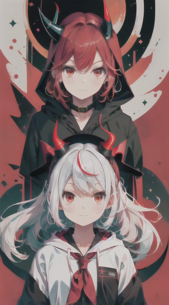 Highest quality, movie quality, the battle between the devil and the god of death, the devil (girl, 10 years old, red hair, wearing a tsuntsun head and horn, red aura), Shinigami (boy, 9 years old, white hair, straight hair, hooded robe, black sickle), the background is Tsukiyo and Venice