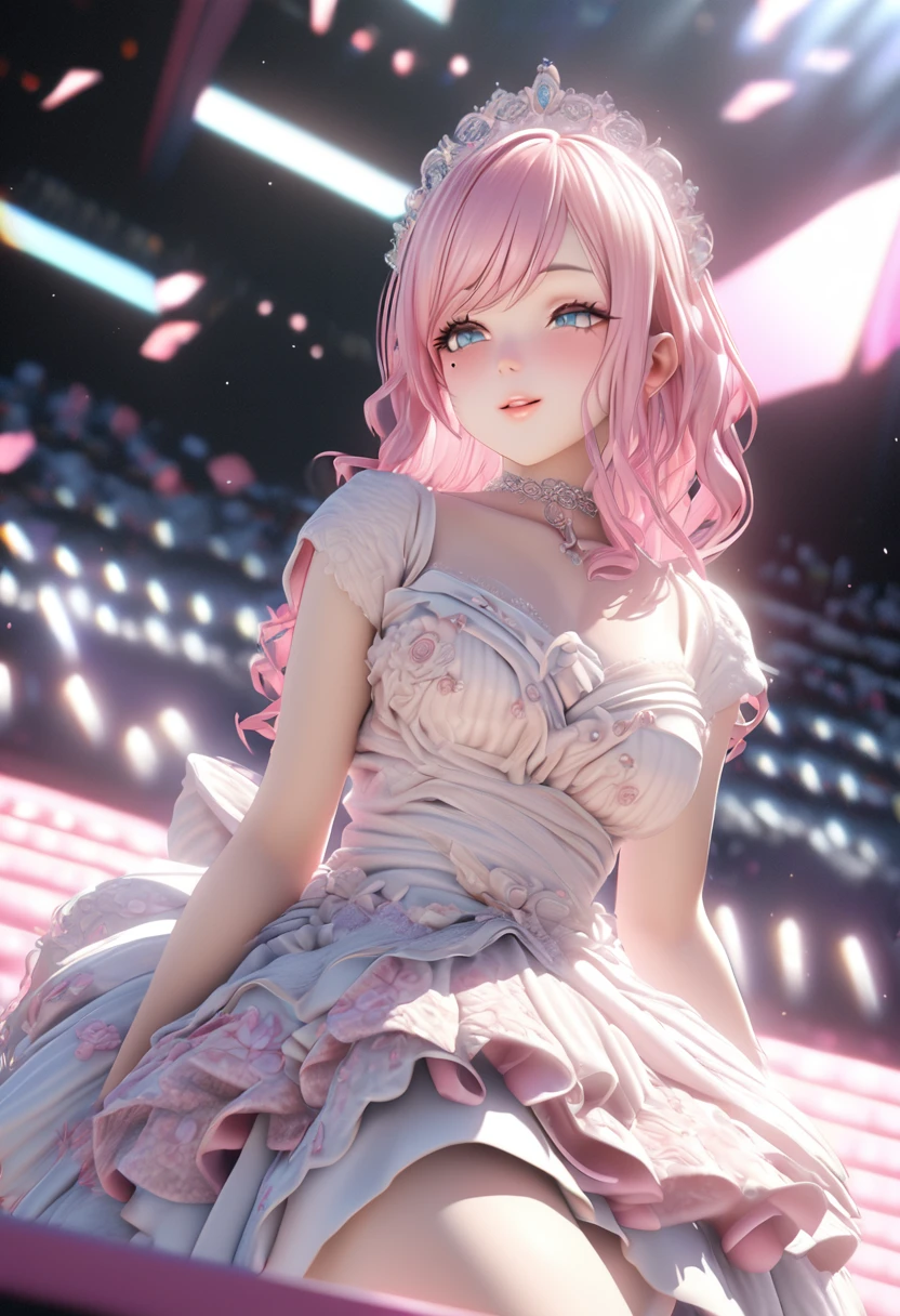 One girl looking at the audience, beautiful blue eyes, pink medium long hair, mole under eye, plump glossy lips, heart shaped choker, idol, smiling, ... 3D, realistic, princess dress with too many frills, mini skirt, draped clothes, jewels, stripped of embellishments, floral print, lace trim, bright stage, masterpiece, best quality, 8k, detailed skin texture, detailed fabric texture, beautifully detailed face, intricate details, highly detailed, ultra high resolution, 8K Ultra HD, film grain, best shadows, delicate, looking at the audience, frontal