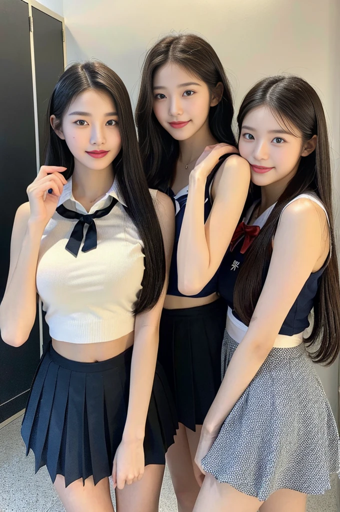 (A super cute Korean high school girl takes a photo with two close friends from her class..2)(grin,Smile)(Beautiful Sweat:1.1)(16k, RAW Photos, highest quality, masterpiece: 1.2),(Shiny black hair) Super detailed, Super Resolution, (Genuine, Genuine photos: 1.37), Portraiture, High-resolution RAW color photos, Professional photos, Very detailed, 8k wallpaper, Very detailed CG Unity 8k wallpaper, Very detailed beautiful girls, Very detailed faces, ((whole body)), beautiful woman, Huge breasts,(huge boobs:1.1) (Big Boobs:1.1), Beauty college student (A tight, girly, navy sleeveless  with ribbon.),high school girl, Korean Girls,(K-POP Female Idols), (Idol-class beauty)(Beautiful high school girl:1.1)(A smoking area filled with cigarette smoke)(18-year-old)(Stylish school uniform-style outfit:1.1)(Group photo:1.3)