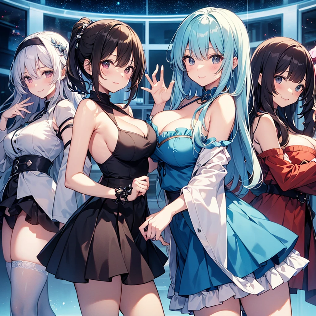 ((((Haremの複数のキャラクターが笑顔で描かれました))))、Group of female dancers in a medieval fantasy setting、Dragon Quest、 (At the pub), Various Hair Styles, Harem, night, detailed aspects, skirt, Seduce, Sleeveless、Off the shoulder、Showing missing panties、Huge breasts、Big Ass、Waist、ないskirtをたくし上げている