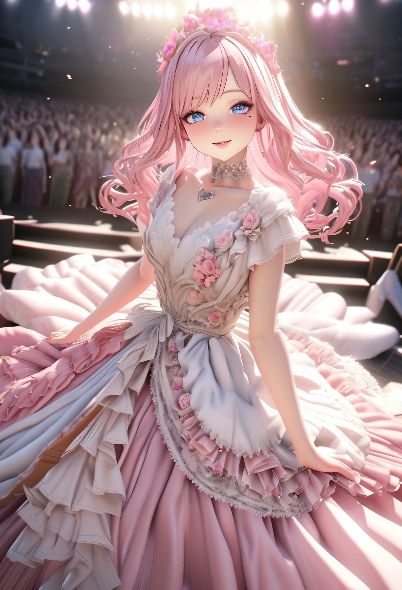 One girl looking at the audience, beautiful blue eyes, pink medium long hair, mole under eye, plump glossy lips, heart shaped choker, idol, smiling, ... 3D, realistic, princess dress with too many frills, draped clothes, jewels, stripped of embellishments, floral print, lace trim, bright stage, masterpiece, best quality, 8k, detailed skin texture, detailed fabric texture, beautifully detailed face, intricate details, highly detailed, ultra high resolution, 8K Ultra HD, film grain, best shadows, delicate, looking at the audience, frontal