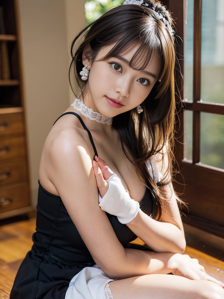 Wearing the cutest gothic maid in the world,Z Cup Big,Sculpture model attracts, (1girl in:1.3)、photos realistic、Photorealsitic:1.4 Official art、ultra-detailliert、Beautiful and aesthetic、Beautiful fece、masterpiece、top-quality、Standing by the window、Poses that sexually provoke men、Inviting eyes、an ecstatic look on one's face、the buttocks are small、Colossal 、Chest exposed、(barechested)、The cutest maid choker in the world、The cutest gloves in the world、The most beautiful skin in the world、The cutest earrings in the world、The cutest sleeping face in the world、The cutest gravure idol pose in the world、The most attractive body in the world、The whole body is shown、Old Western-style building