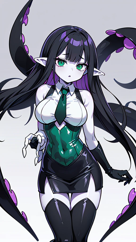 (The greatest of all time)、((16K:1.5))、((Acme))、(PNG)、3D、Semi-realistic、solo、((Simple solid color background))、Whole body expression、((A beautiful woman))、(Ultra-delicate and exquisite texture)、sensational、((The ultimate perfect glamorous body))、Glossy, exquisite skin、Expression of delight、(A lewd open-legged pose that will captivate and captivate everyone:1.1)、((emerald green eyes:1.3)、(Black Hair)、(Purple silver inner hair color)、(Tentacle hair)、long hair、(Extra mechanical octopus eyeball parts added to the head:1.3)、Slightly droopy eyes)、Aphrodisiac brainwashing rate: 100%、Parasitic compatibility coefficient infinite、(The parasitic sexual predator mimic octopus, a parasitic organism and a viscous-bound lifeform, attaches itself to a female host, completely invades the womb, parasitizes and assimilates, and evolves into the ultimate female lifeform with big breasts and a glamorous figure.:1.2)、Parasitic control gem nuclei are created on the back, lower back, and navel.、(The symbiote that has invaded and parasitized transforms into a costume.)、(The wearable parasitic armored dragon octopus, a collective lifeform of nanomachines, covers and parasitizes the ultimate lifeform, completely transforming into an armored reinforced exoskeleton that covers the body.:1.3)、 The parasitic creature, the Indachu, invades the womb of the ultimate lifeform, brainwashing it into becoming lustful and evil.、Uterus tattoo、(Sharp clawed limbs)、Extended tail、The flying membrane of the Mimic Octopus grows from the parasitic control gem core on its back.、(Pale skin:1.6)、(Sleeveless tailcoat:1.5)、(Elbow Gloves)、A tentacle anal plug invades and parasitizes the anus, sealing it off.、(Sexy high leg leotard with black rubber neckband:1.5)、(Pencil skirt with slit:1.5)、(Tentacle Pelvic Curtain)、(stockings)、(Armor-type reinforced exoskeleton coverage rate 40%)、(Costume camouflage rate: 230%)、taboo、
