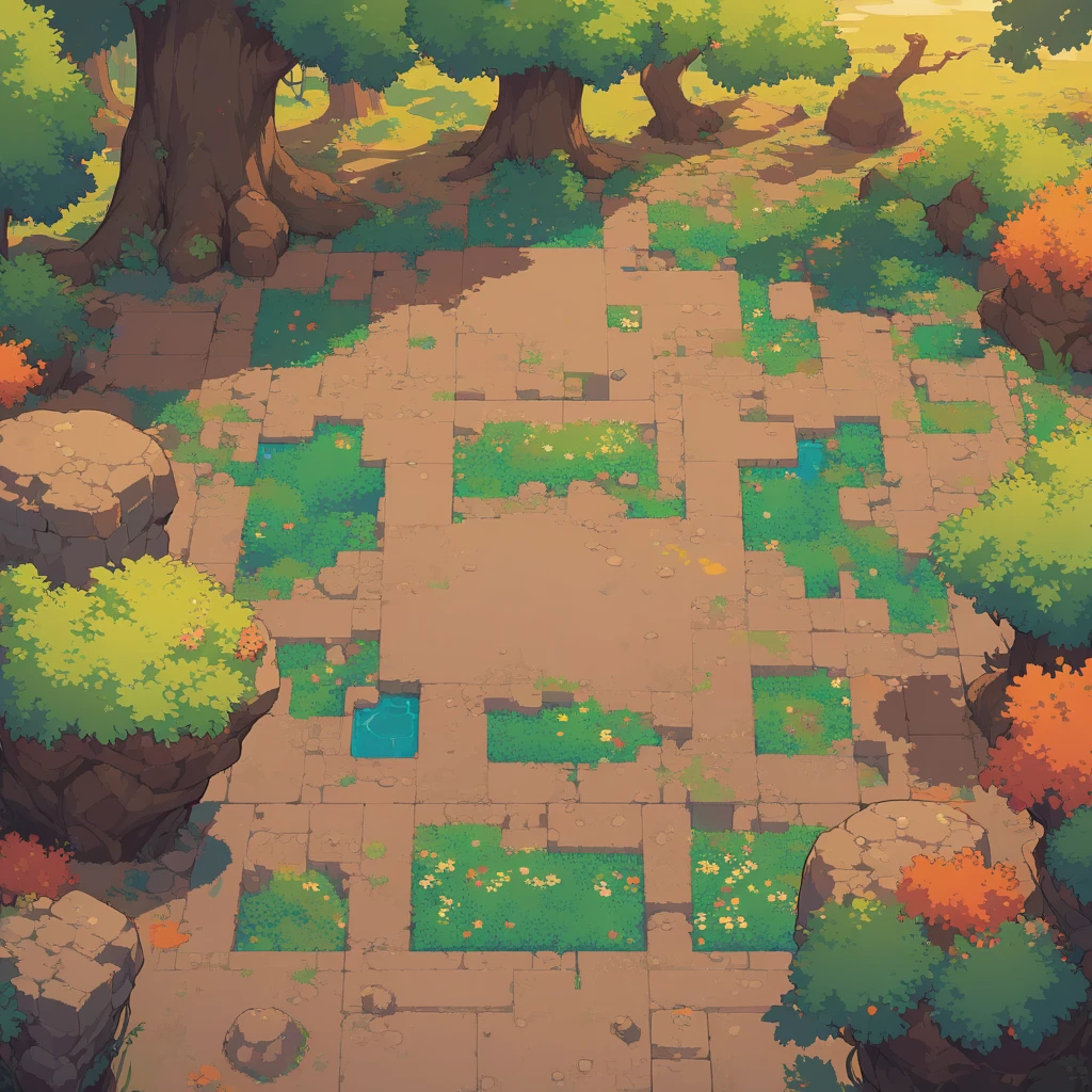 retro video game style,pixelated graphics,vibrant colors,8-bit characters,blocky shapes,sharp lines,detailed shading,classic gaming vibe,nostalgic atmosphere,classic arcade games,masterpiece:1.2,ultra-detailed,illustration style, 2d texture, clay texture, stone texture, 4 k seamless mud texture, video game texture, dirt texture, clay material, flat texture, grass, trees, rock texture, rocky ground, forest, topdown view, game texture, background art, ground very detailed, dirt, floor texture, tileable texture, flowers, bushes, shrubs, intricate ground stone, top down view, 3/4th perspective