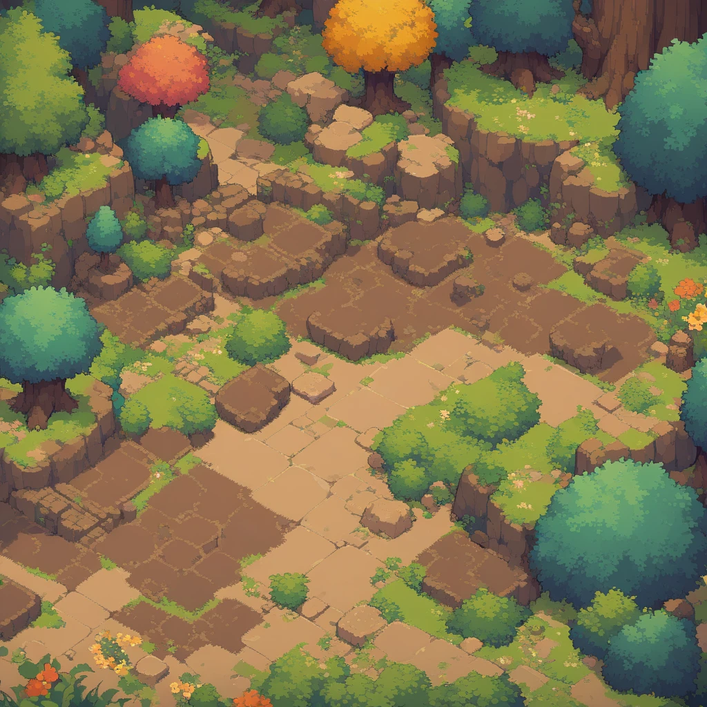 retro video game style,pixelated graphics,vibrant colors,8-bit characters,blocky shapes,sharp lines,detailed shading,classic gaming vibe,nostalgic atmosphere,classic arcade games,masterpiece:1.2,ultra-detailed,illustration style, 2d texture, clay texture, stone texture, 4 k seamless mud texture, video game texture, dirt texture, clay material, flat texture, grass, trees, rock texture, rocky ground, forest, topdown view, game texture, background art, ground very detailed, dirt, floor texture, tileable texture, flowers, bushes, shrubs, intricate ground stone, top down view, 3/4th perspective