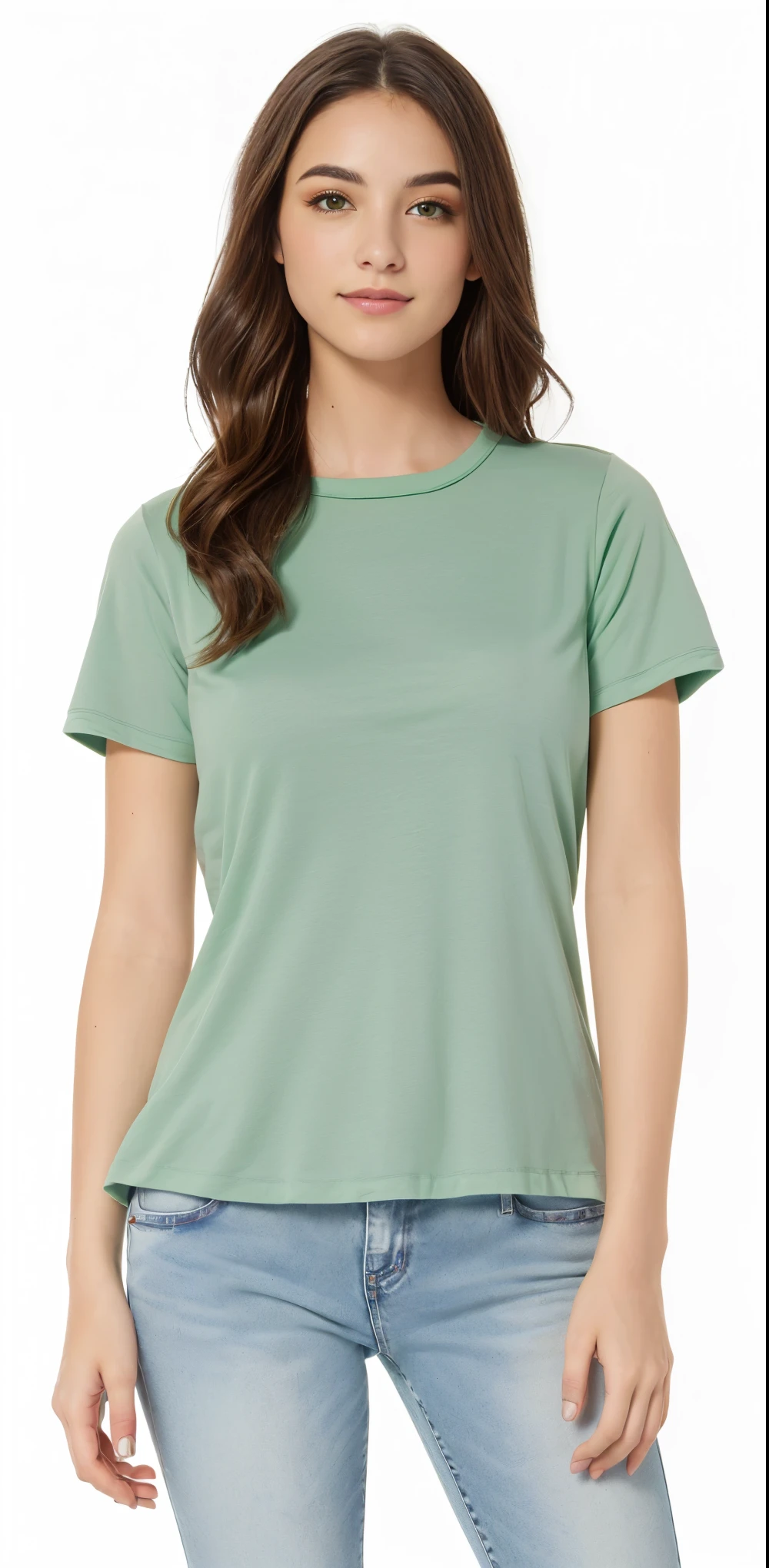 uma mulher vestindo uma camiseta verde e jeans, espuma do mar verde, sage green, Manga curta, casual roupas verdes, camisa verde, Verde floresta, roupas verdes, verde silenciado, verde oliva, velvia, verde pastel, prana, foto do produto, espuma cintilante, Zellk, Roupas casuais modernas, Jade verde, Retrato frontal, luz verde