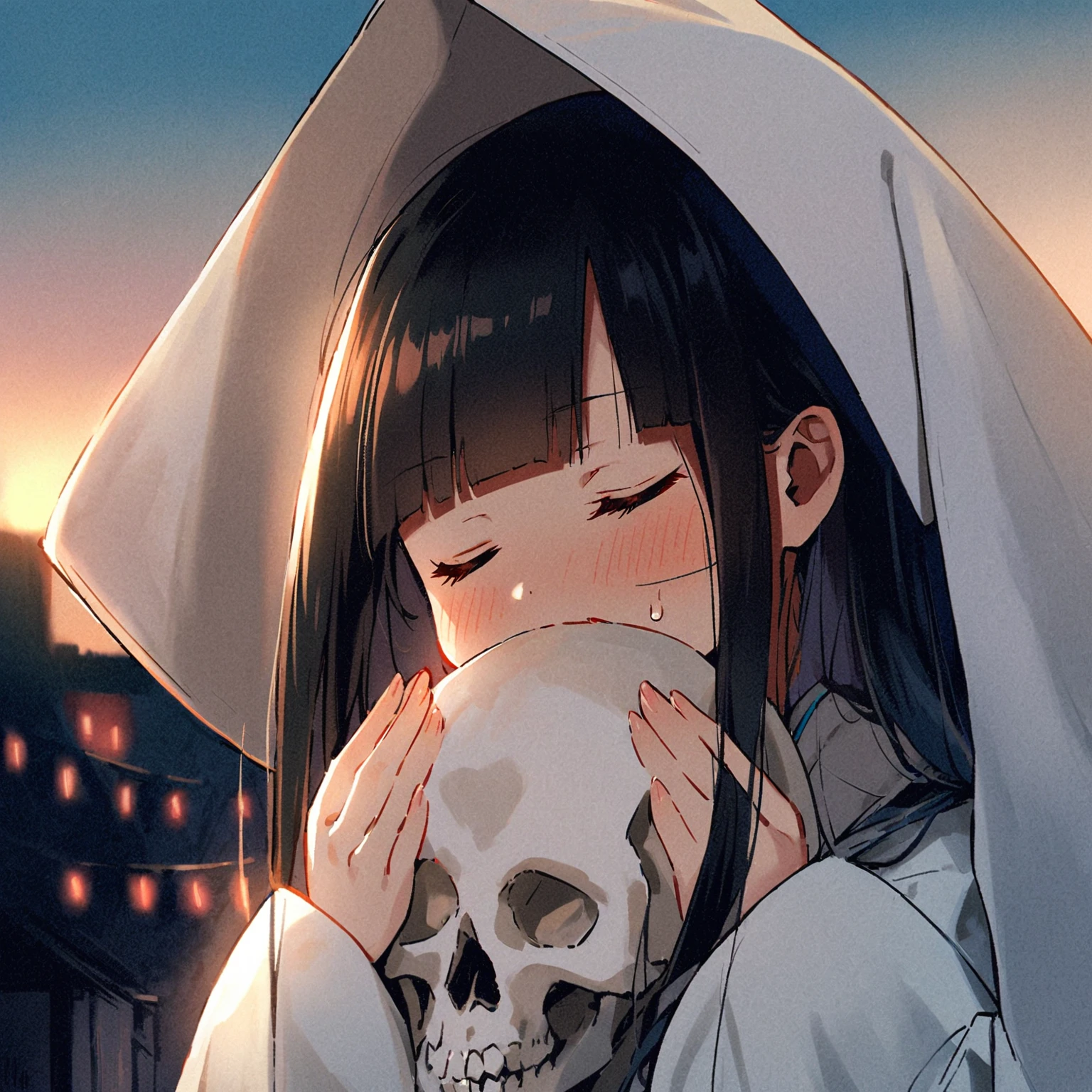 1girl、Black hair, long hair、white kimono,wedding,wataboushi,uchikake,standing,white hood,、shiromuku、 skull, cheeks to skull, evening,faint light、deep shadows、